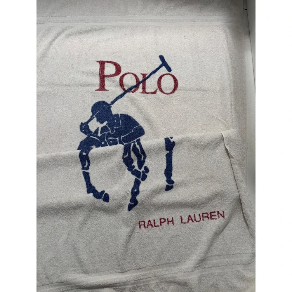 Vintage Ralph Lauren Polo Beach Towel White Blue Red Big Pony Logo 66x33 Cotton
